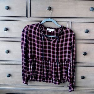 LOFT Red and Black Plaid Peplum Tie Neck Long Sleeve Blouse XXSP
